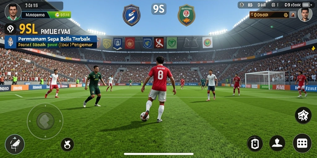 Tangkapan layar gameplay 9SL yang menampilkan aksi sepak bola yang menegangkan.