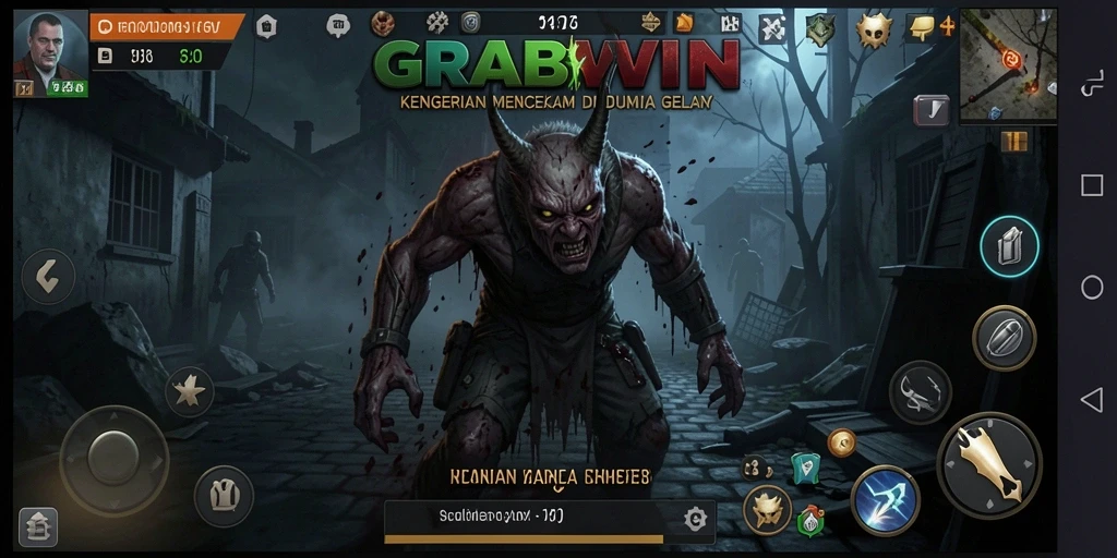 Gambaran menegangkan dalam gameplay GRABWIN dengan suasana horor yang gelap.