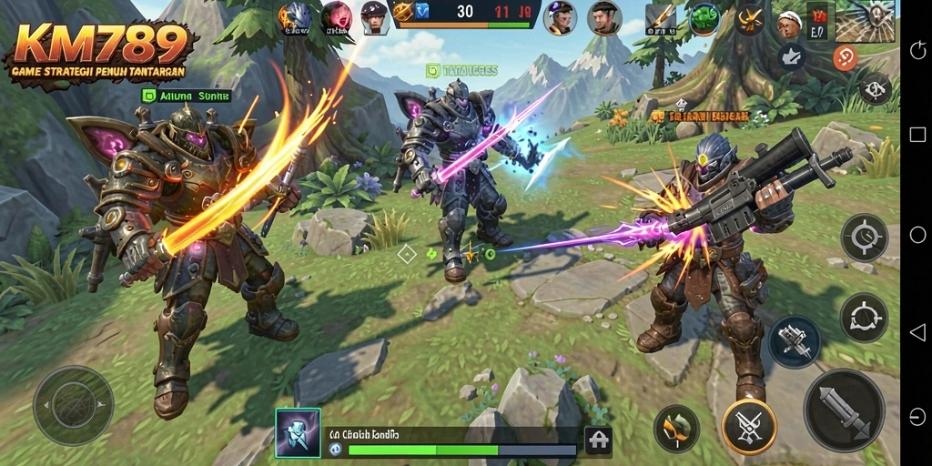 Screenshot gameplay KM789 menunjukkan pertempuran strategi yang intens dan mendebarkan.