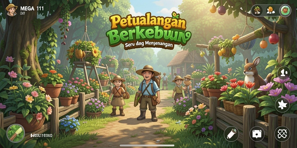 Tangkapan layar MEGA111 menampilkan kebun yang indah dengan tanaman berwarna-warni.