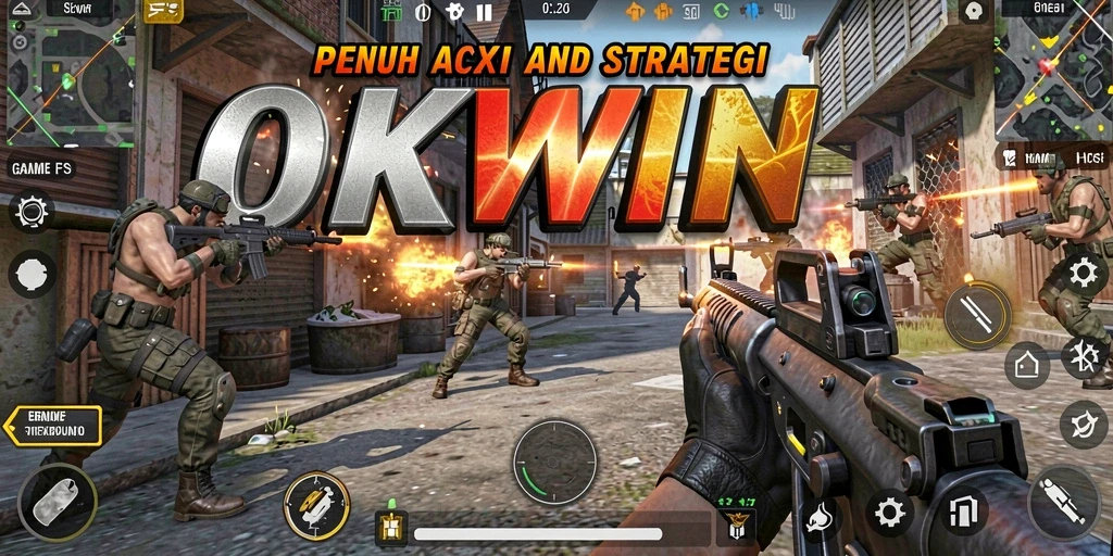 Tampilan gameplay OKWIN dengan aksi tembak-menembak yang intens.