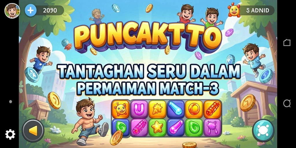 Tampilkan gameplay seru PUNCAKTOTO dengan tantangan Match-3.
